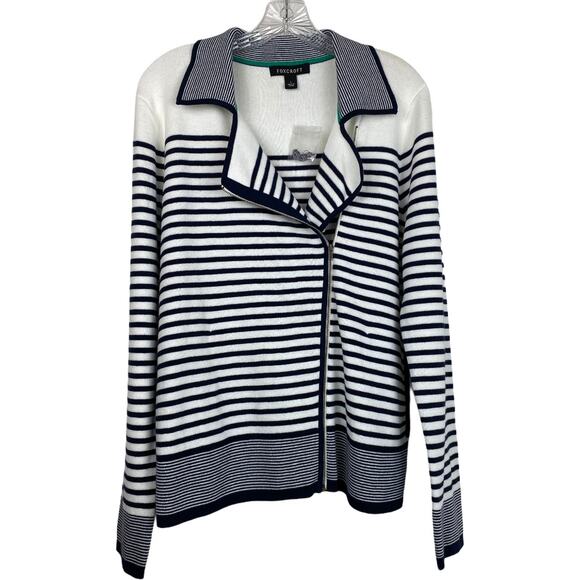 FOXCROFT Cardigan L 100% Cotton Navy White Striped Zip Front Coastal Beachy - Picture 1 of 11